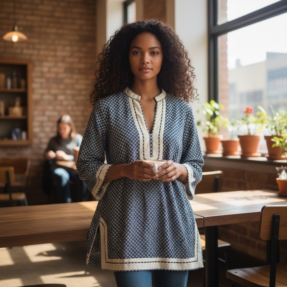 Tory Burch Tops - Tory Burch Navy and White Geometric Tunic